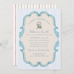 Preppy Baby Boy Blue Grandmillennial Baby Shower Invitation