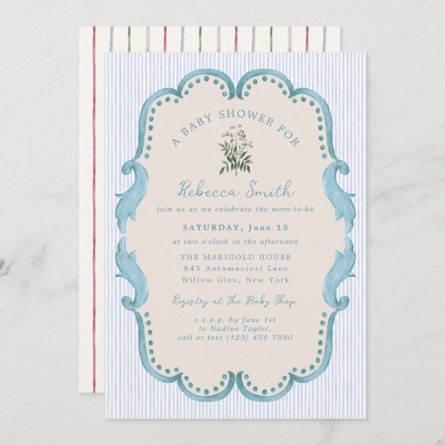Preppy Baby Boy Blue Grandmillennial Baby Shower Invitation (Front/Back)