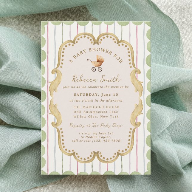Preppy Baby Carriage Grandmillennial Baby Shower Invitation (Creator Uploaded)