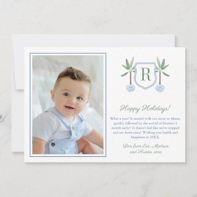Preppy Banana Tree Monogram Merry Christmas Photo Holiday Card (Front)