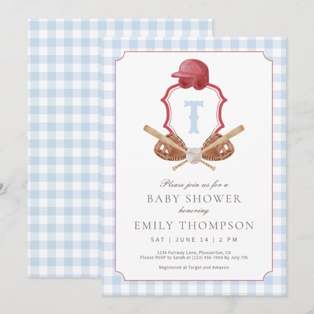 Preppy Baseball Crest Baby Shower Invitation (Front/Back)