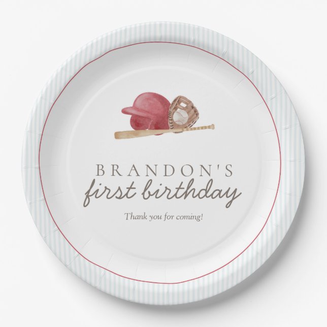 Preppy Baseball First Birthday Elegant Party Paper Plate (Front)