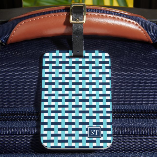 Preppy Basket Weave – Navy & Turquoise Monogram Luggage Tag (Front Insitu 2)