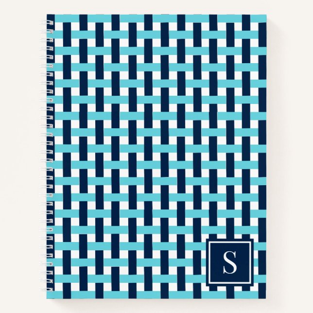 Preppy Basket Weave – Navy & Turquoise Monogram Notebook (Front)
