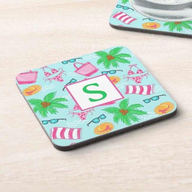 Preppy Beach Bikini Towel Palm Tree Towel Initial Coaster (Left Side)