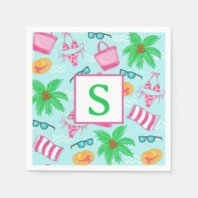 Preppy Beach Bikini Towel Palm Tree Towel Monogram Napkin (Front)