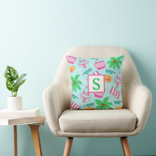 Preppy Beach Palm Tree Bikini Monogram Cushion