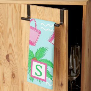 Preppy Beach Palm Tree Monogram Blue Tea Towel