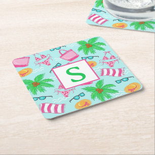 Preppy Beach Palm Trees Monogram Square Paper Coaster