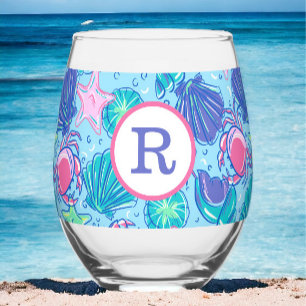 Preppy Beach Pink Crabs Shells Monogram Stemless Wine Glass