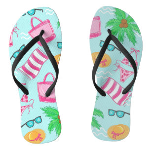 Preppy Beach Scene Coastal Bikini Palm Tree Flip Flops