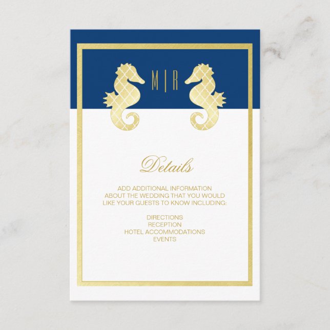 Preppy Beach Seahorse Navy Gold Wedding Details Enclosure Card (Front)