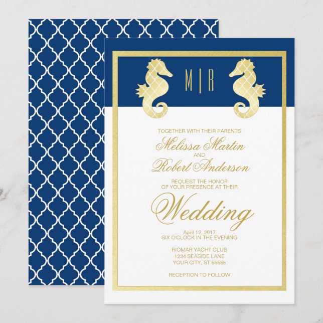 Preppy Beach Seahorse Navy Gold Wedding Invitation (Front/Back)
