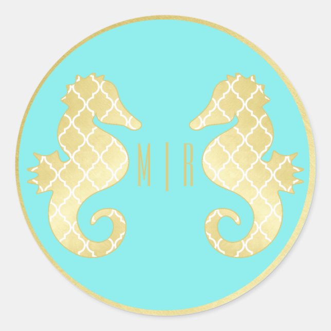 Preppy Beach Seahorse Turquoise Gold Wedding Classic Round Sticker (Front)