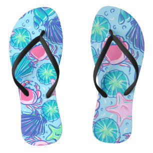 Preppy Beach Shell Crab Ocean Flip Flops
