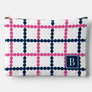 Preppy beaded Windowpane Pink & Navy             Accessory Pouch