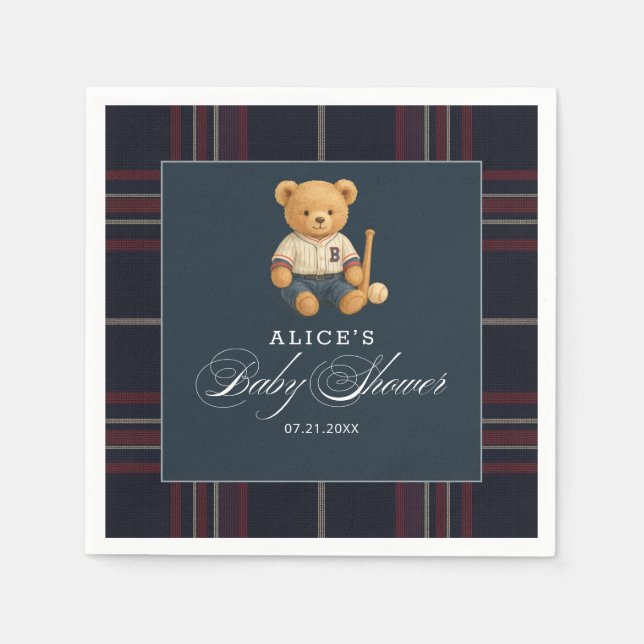 Preppy Bear Baseball Navy Blue Baby Shower Napkins (Front)