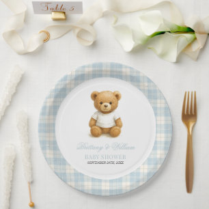 Preppy Bear Blue Plaid Modern Baby Shower  Paper Plate