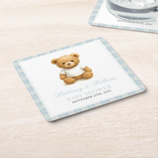 Preppy Bear Designer Blue Plaid Baby Shower  Square Paper Coaster (Angled)