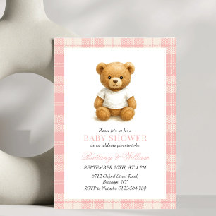  Preppy Bear Elegant Pink Plaid Baby Shower   Invitation