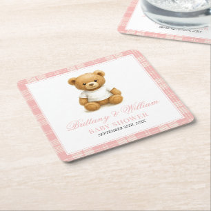 Preppy Bear Elegant Pink Plaid Baby Shower Square Paper Coaster