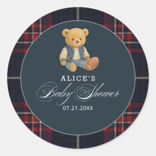 Preppy Bear Football  Baby Shower Classic Round Sticker