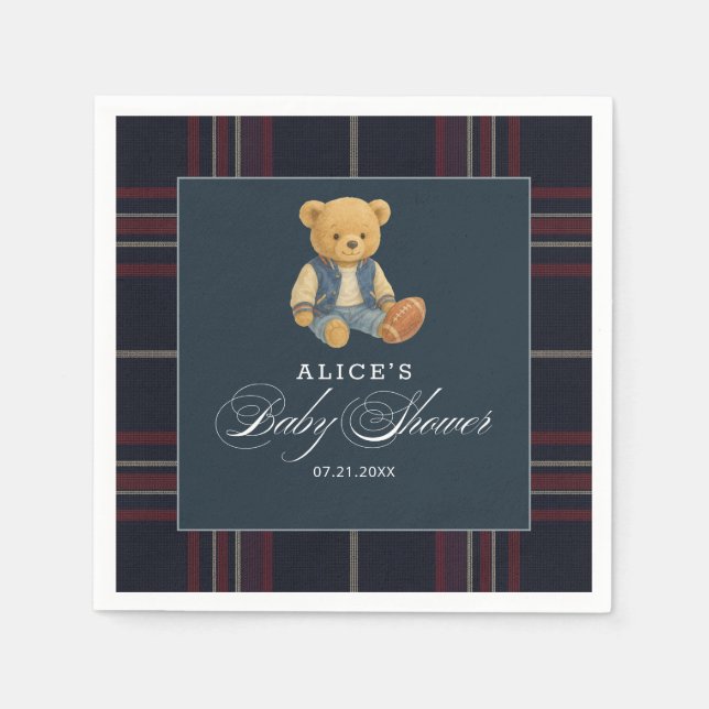 Preppy Bear Football Navy Blue Baby Shower Napkins (Front)