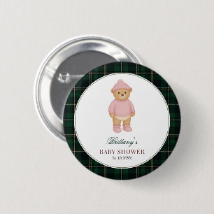 Preppy Bear Green Plaid Baby Shower Button