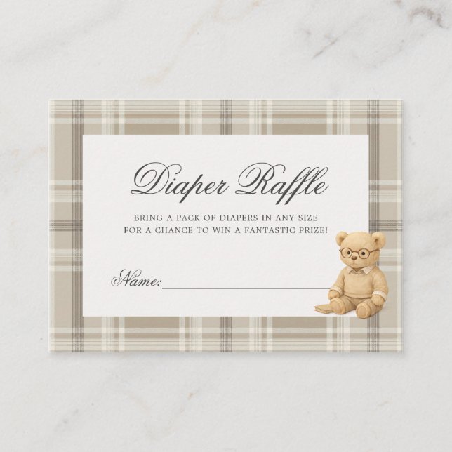 Preppy Bear Neutral Baby Shower Diaper Raffle Enclosure Card (Front)