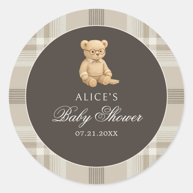 Preppy Bear Soft Neutral Baby Shower Classic Round Sticker (Front)