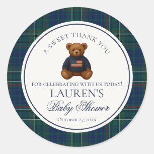 Preppy Bear Tartan Plaid Boy Baby Shower Circle Classic Round Sticker
