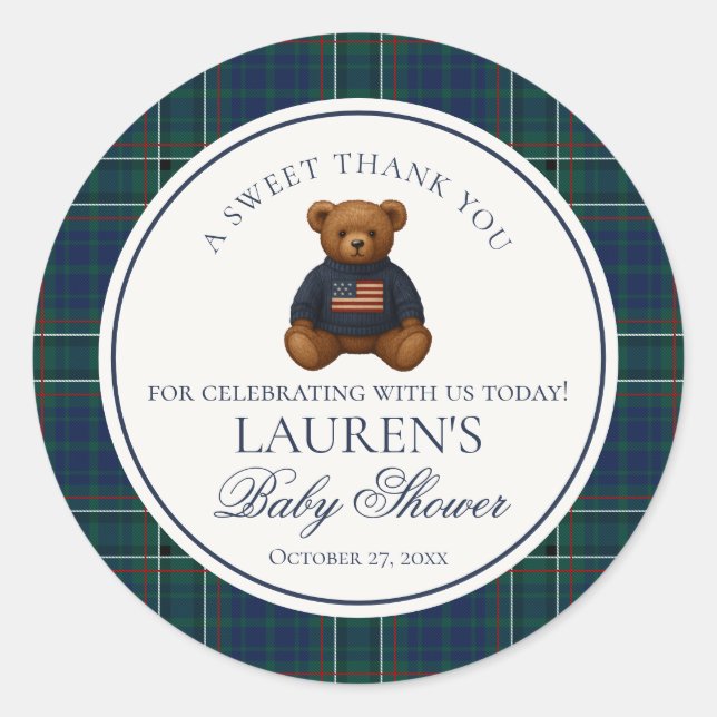 Preppy Bear Tartan Plaid Boy Baby Shower Circle Classic Round Sticker (Front)
