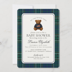Preppy Bear Tartan Plaid Boy Baby Shower Invitation