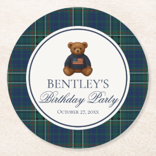 Preppy Bear Tartan Plaid Boy Birthday Party  Round Paper Coaster