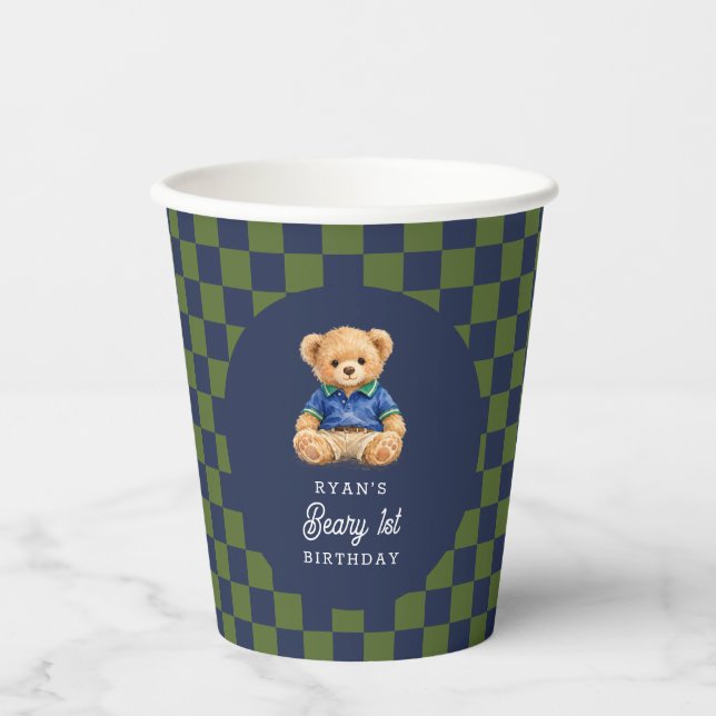 Preppy Beary 1st Birthday Checkboard Paper Cups (Front)