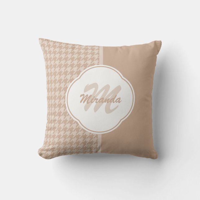 Preppy Beige and Tan Houndstooth Monogram and Name Cushion (Front)