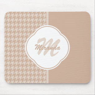 Preppy Beige and Tan Houndstooth Monogram and Name Mouse Mat