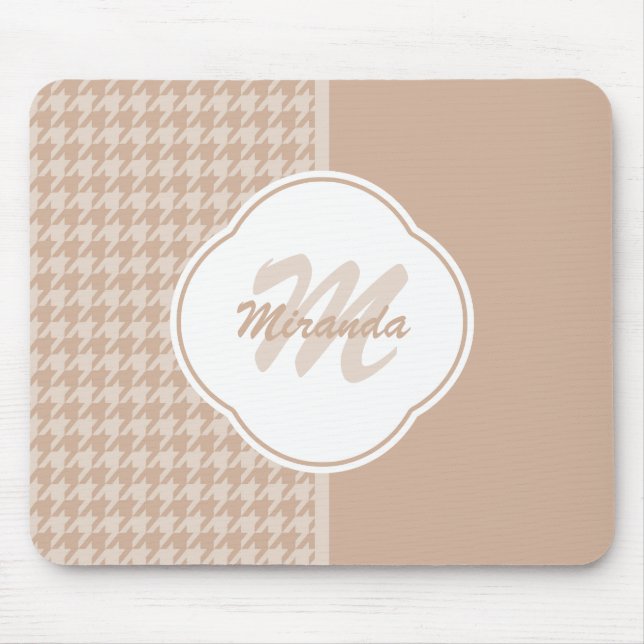 Preppy Beige and Tan Houndstooth Monogram and Name Mouse Mat (Front)