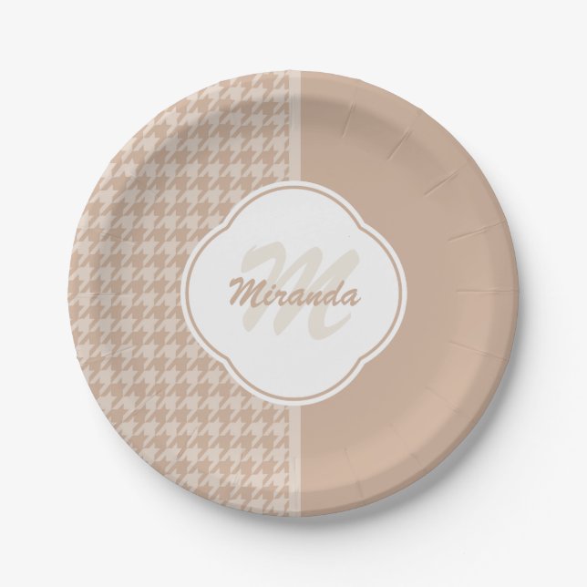 Preppy Beige and Tan Houndstooth Monogram and Name Paper Plate (Front)