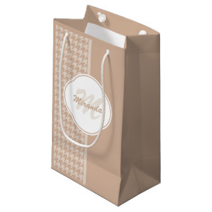 Preppy Beige and Tan Houndstooth Monogram and Name Small Gift Bag