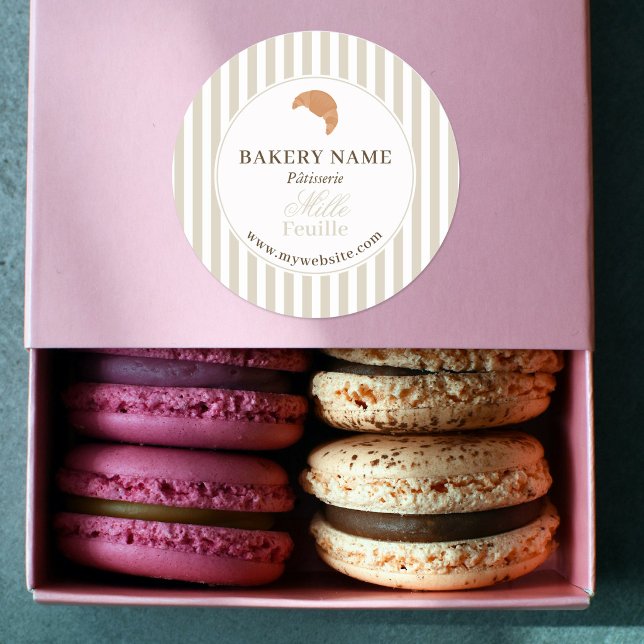 Preppy Beige Brown Stripes Bakery Logo Product Classic Round Sticker (Preppy Beige Brown Stripes Bakery Logo Product Classic Round Sticker)