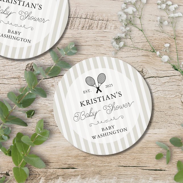 Preppy Beige Tennis Country Club Baby Shower Round Paper Coaster (beige stripes elegant chic tennis motif baby shower paper coaster favors for preppy country club era)
