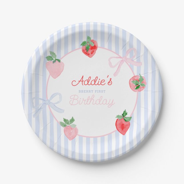 Preppy Berry First Birthday Watercolor Strawberrie Paper Plate (Front)