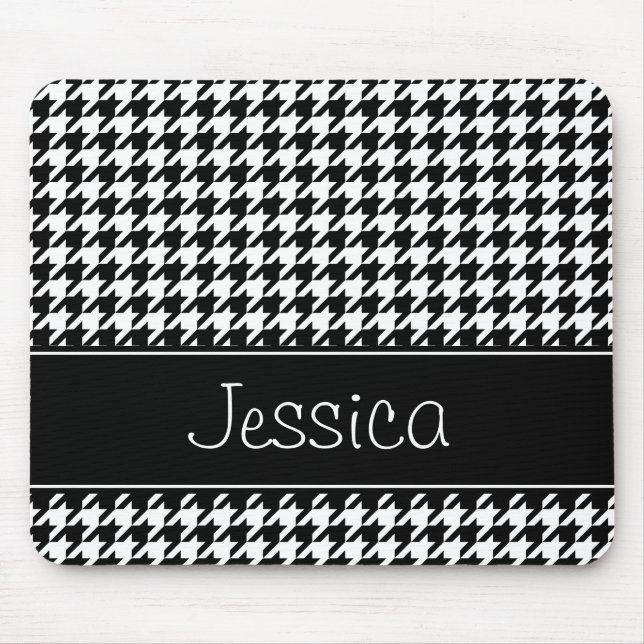 Preppy Black and White Houndstooth Personalised Mouse Mat (Front)