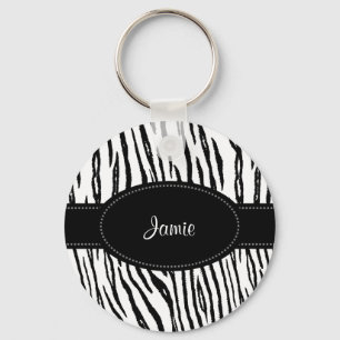 Preppy Black and White Tiger Stripes With Name Key Ring