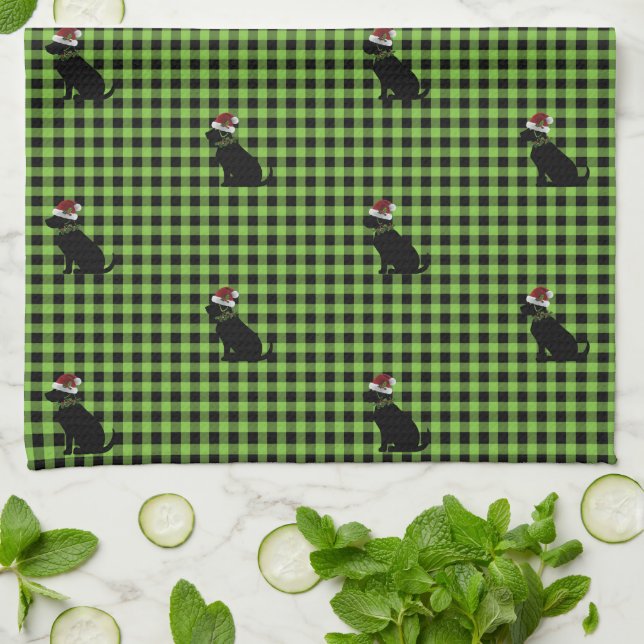 Preppy Black Lab Christmas Pattern Green Gingham Tea Towel (Folded)