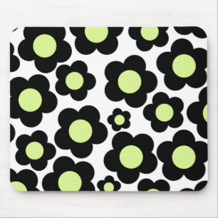Preppy Black Neon Green Hippie Flower Pattern Mouse Mat