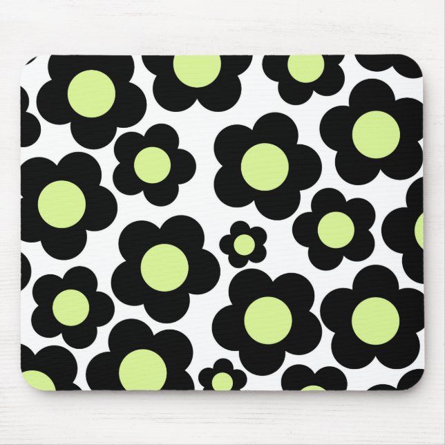 Preppy Black Neon Green Hippie Flower Pattern Mouse Mat (Front)