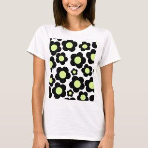 Preppy Black Neon Green Hippie Flower Pattern T-Shirt