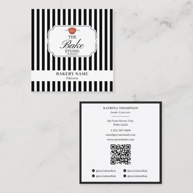 Preppy Black & White Stripes Bakery Logo QR Code Square Business Card (Front/Back)